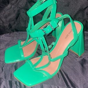 Bexxlie Patent Strappy Square Toe Sculptural Heel Dress Sandals